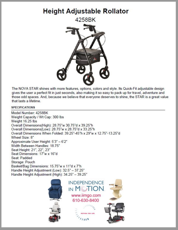 Height Adjustable Rollator 8 inch Independence In Motion